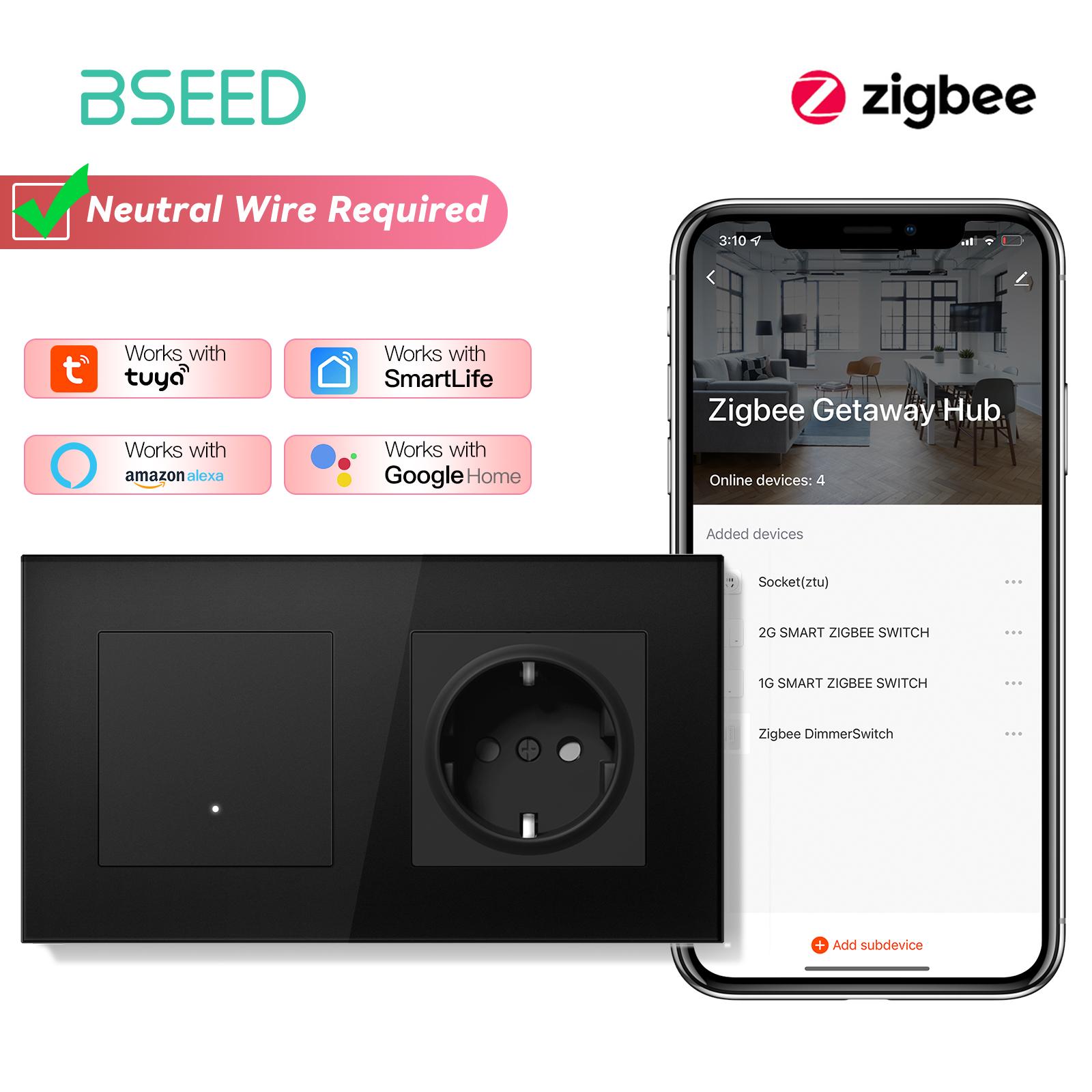 

BSEED ZigBee Выключатели Настенные Умные Щелчковые Выключатели Света Желтая Подсветка Стеклянная Рамка Приложение Tuya Выключатель EU Настенные Розетки с USB Socket no ZigBee&EU standard