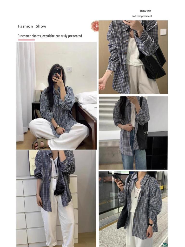 Women's Early Autumn Casual Blue Plaid Jacket-Shirt, American Retro Style