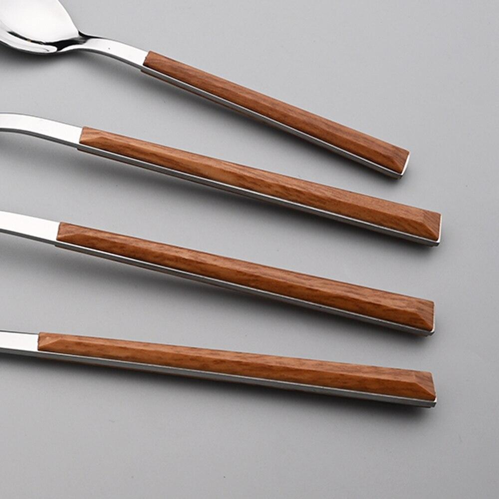 16 Pcs Stainless Steel Dinnerware Sets Glossy Silver Wooden Tableware Western Food Knife Fork Teaspoon Flatware Cutlery Set