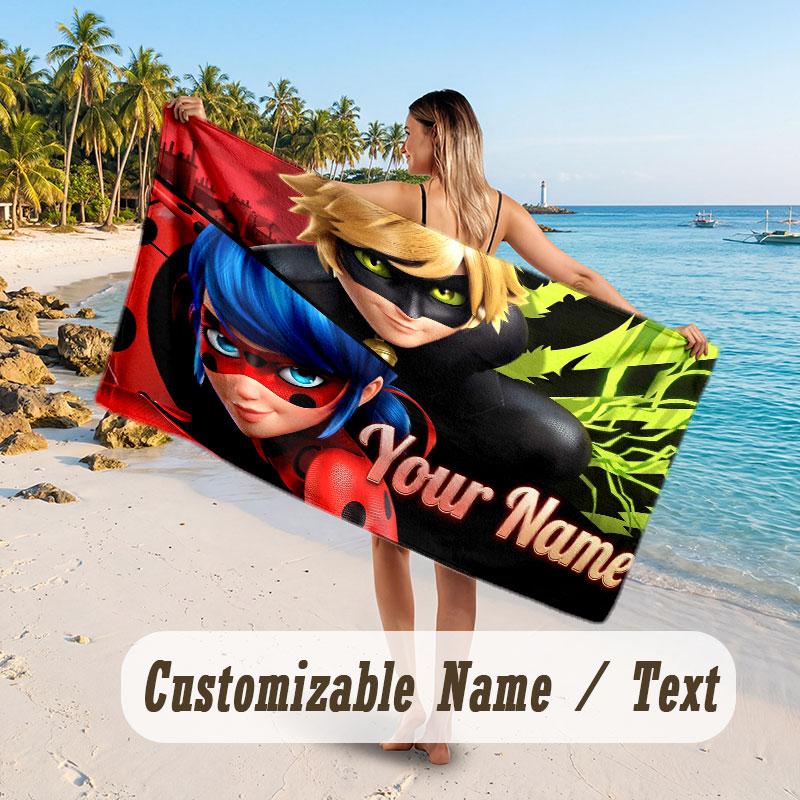 Personalisier Handtuch, Miraculous Ladybug Individuell Bedruckt Name Text, Super Saugfähiges Handtuch Für Strandurlaub