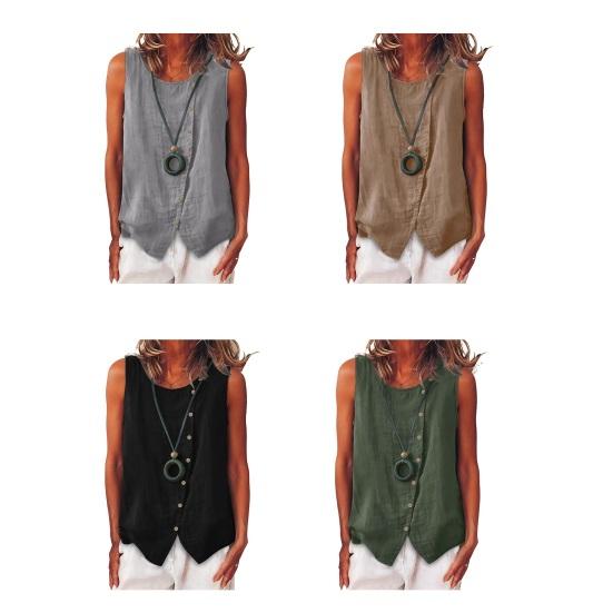Women Tops Crew Neck Sleeveless Side Buttons Decor Asymmetric Design Pullover