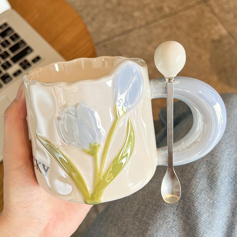 High Value and Light Luxury Tulip Ceramic Cup Creative Flower Girls’ Home Drinking Water Cup Spoon
