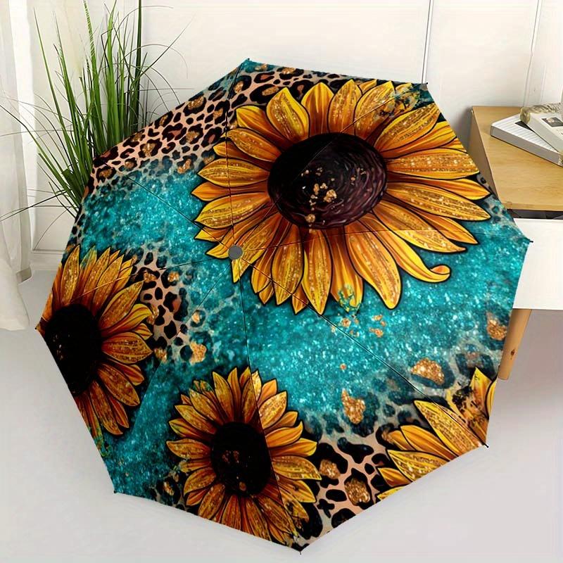 1pc Leopard Sunflower Pattern Automatic Folding Umbrella - Portable  Foldable 8-Rib Design, Vibrant Yellow  Black Sunflowers