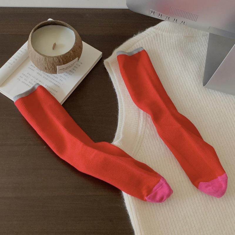 Socks Women'S Contrasting Color Trendy Socks Double Needle Pure Cotton Medium Tube Socks Drawing Casual Versatile Socks