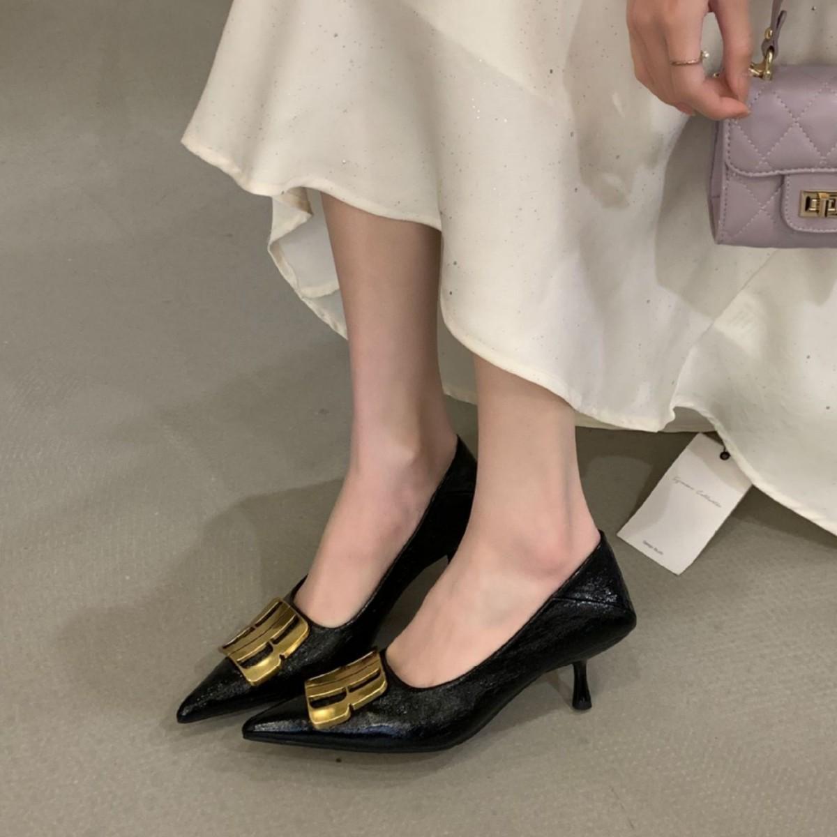 Spring Pointed Head Thin Heel Medium Heel Single Shoes Metal Buckle Commuter Work Shallow Mouth Versatile Ladyshoes Women S Shoes 35