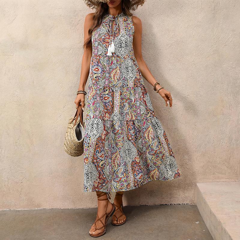 Summer Dresses for Women 2026 Boho Midi Dress Sleeveless Tie V Neck A Line Casual Beach Vacation Sundresses
