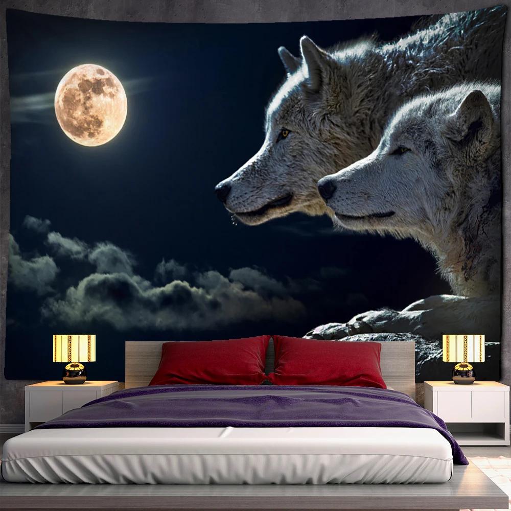 Wolves in the Forest Tapestry Wall Hanging Hippie Tapiz Animal Mystery Psychedelic Landscape Dorm Home Decor