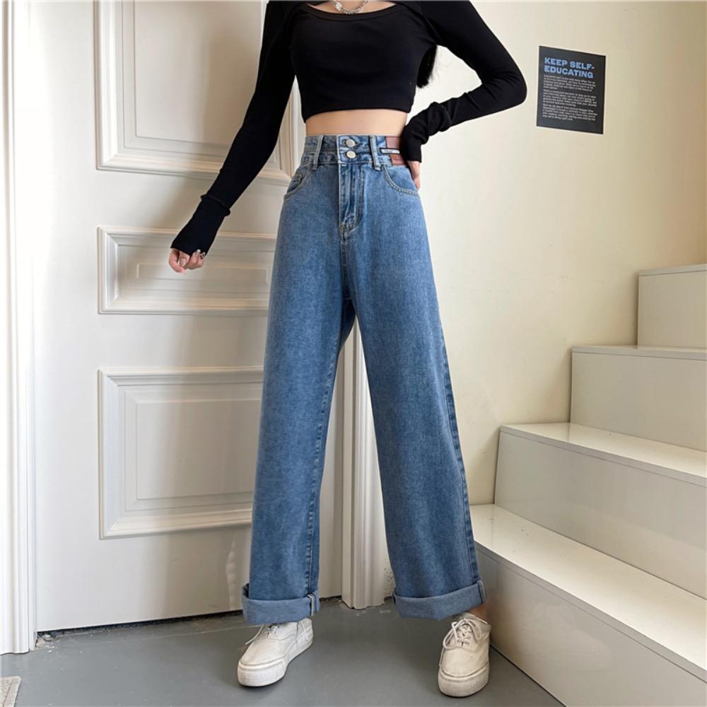 

Весна и Осень новые простые корейские свободные джинсы широкие штанины высокая посадка драпировка универсальные прямые повседневные брюки тренд 2XL