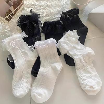 6 Paar Damen Socken Einfarbig Schwarz Weiß Lolita Spitze Rüschen Socken Sommer Dünn Japanischer Stil Kawaii Süße Mädchen Kurze Socken
