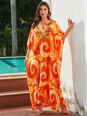 Plus Size Caftano Arancione Bohemian Stampato Ricamato Summer Long Beach Dress Donna Homewear Outfit Costume da bagno Cover Up Caftano allentato