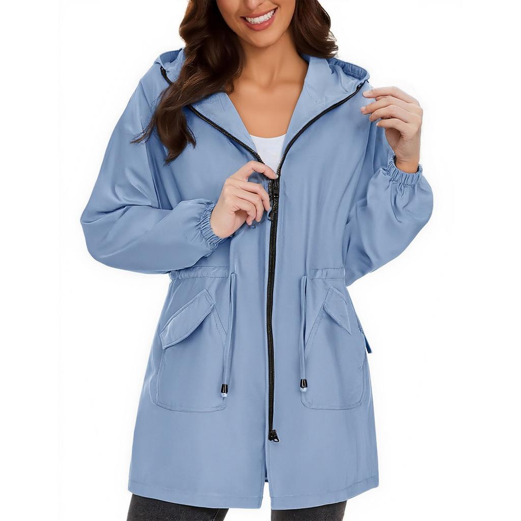 Womens Raincoats With Hood Lightweight Outdoor Hooded  Solid Trench Coat Jacket Plus Size
