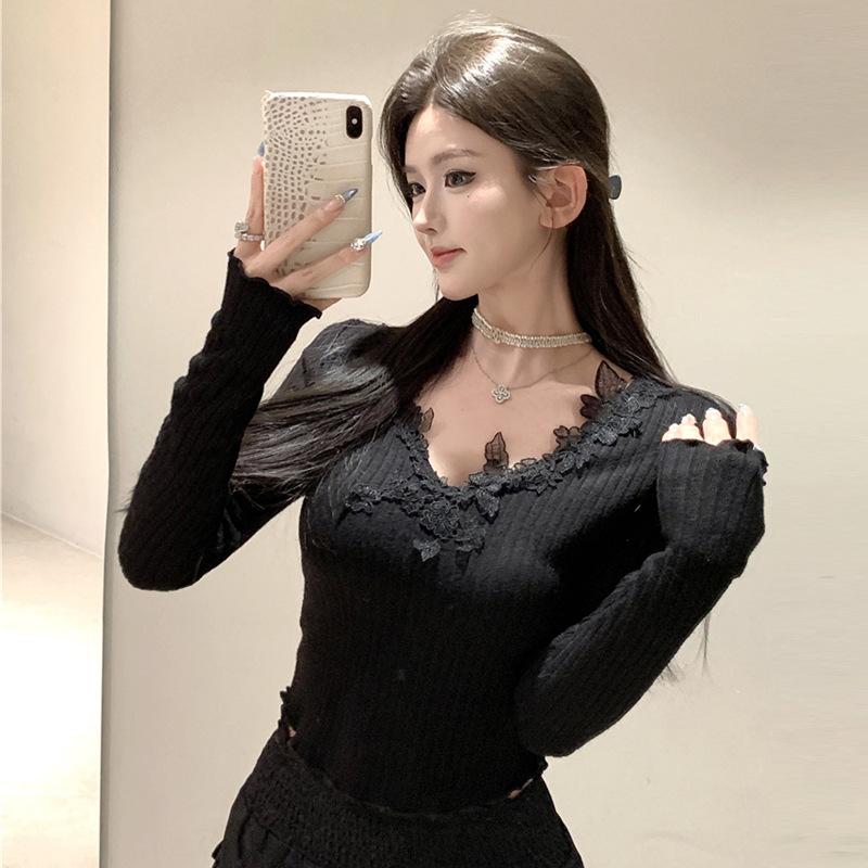 

Women s Sexy Hottie V-Neck Lace Neck Slim Top L чорний