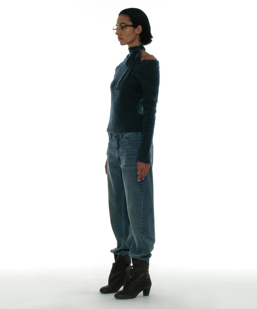 PARTIMENTO WOMEN Tie Neck Strap Asymmetrical Knit Top_Dark Teal