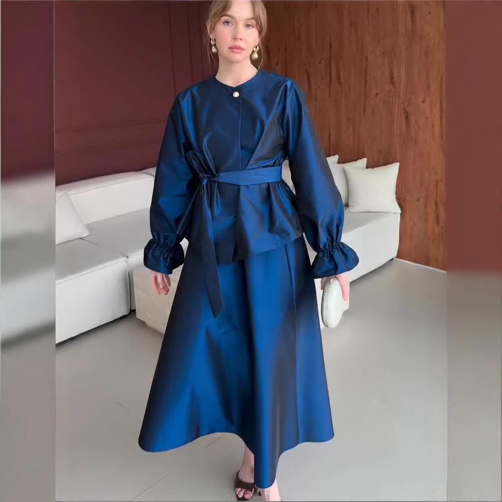 Cross-border European and American women's clothing Amazon sexy round neck satin lace-up long-sleeved French sweet straight skirt