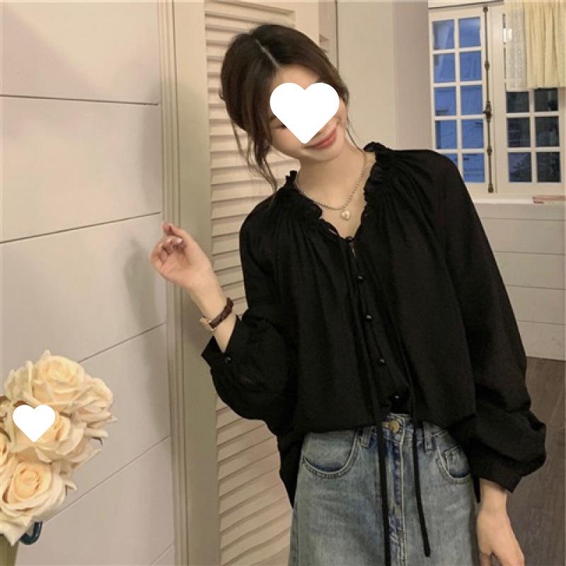 2025 Women s Summer Chiffon Lace-up Top: Elegant Long Sleeve for Petite Figures XL (125-140 lbs) чёрный