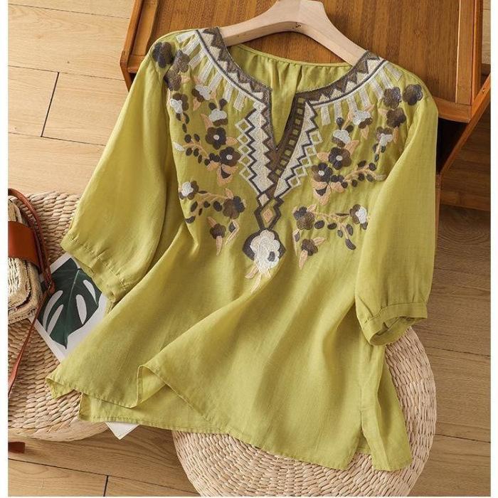 Women's Summer Vintage Heavy Embroidery Cotton-Linen Blend Shirt Casual Pullover Loose-Fit Literary-Style Top