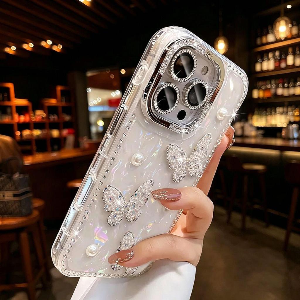 iPhone 17 Pro Diamond Shell Case with 3D Pearl Butterfly for Apple 15 Pro Max Super Fairy
