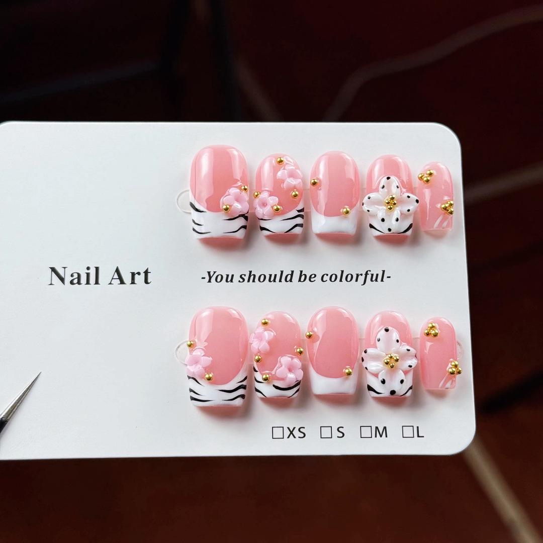 High-End Pink Flower & Heart Nail Art Stickers - Short French White Style, Handmade & Cute Wearable Nails Extra Small XS