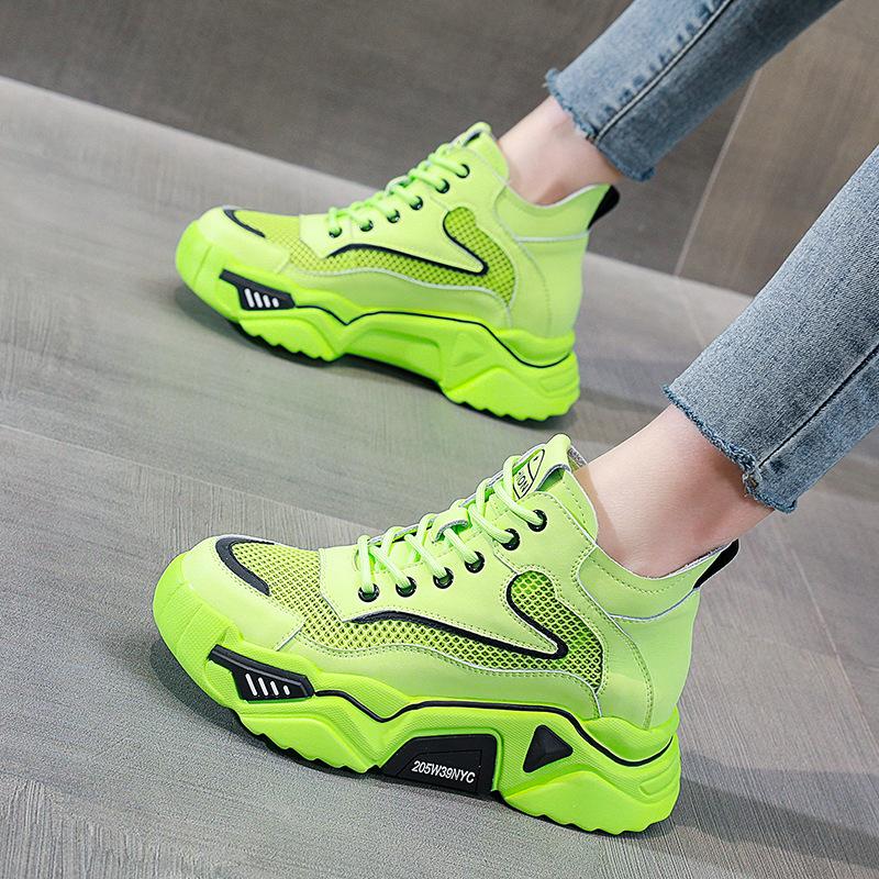 2026 summer thickness increase breathable mesh leather ins high-top casual dad shoes women hollow mesh