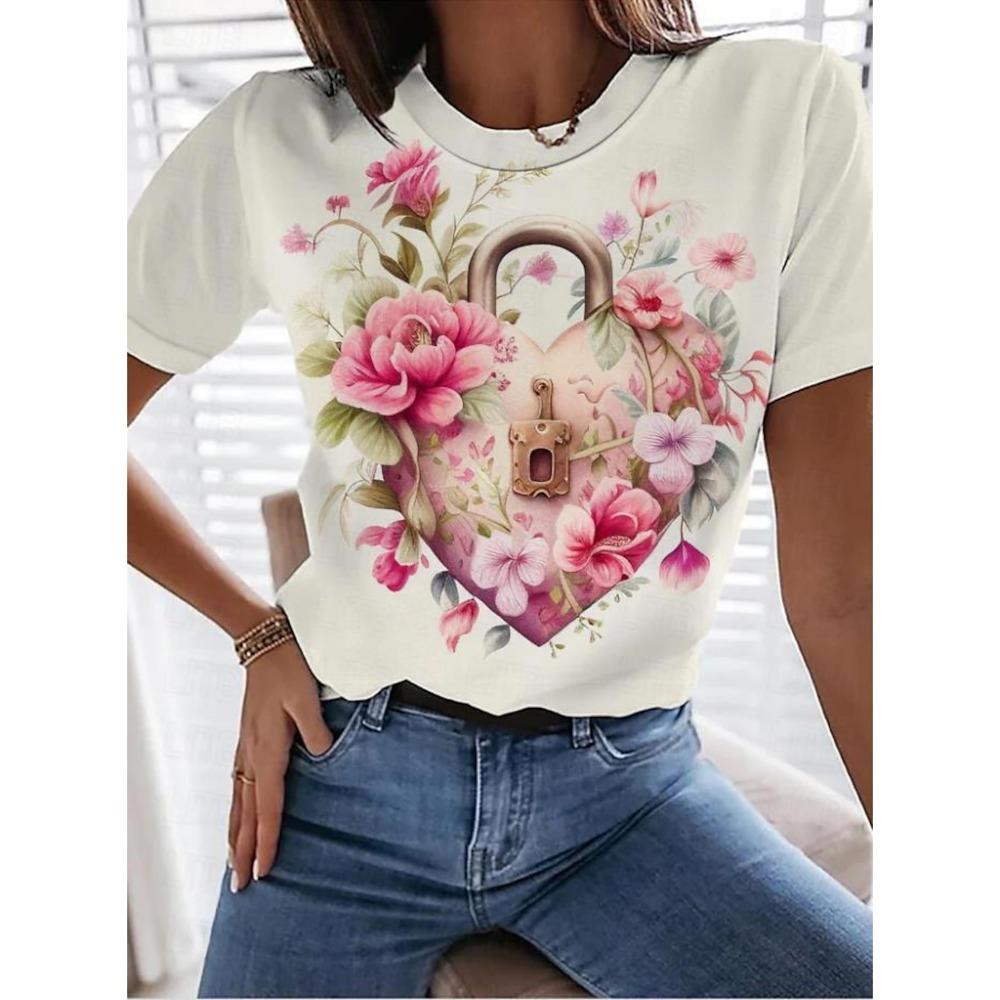 Women  Rose Floral Casual Holiday Print Short Sleeve Fashion Crew Neck Summer&Spring Harajuku  girls