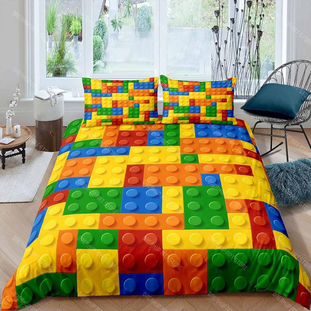 3D Building Block Pattern Duvet Cover Set Boys Girls Bedroom Fun Brick Printing Bedding Set Geometric Rectangle Comforter Cover