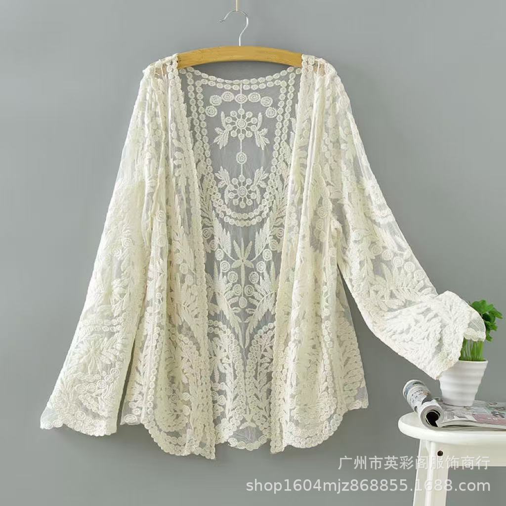 Summer Thin Knitted Sweater Women's Embroidered Hollow Long-sleeved Beach Clothes Women's Top Lace-up Jacket Versatile