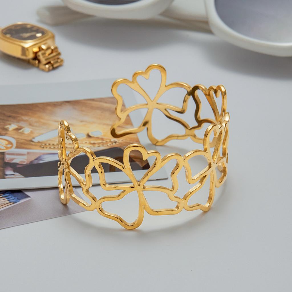 Youthway Metal Flower Skeleton Cuff Open Bracelet 18K Gold Color Waterproof Minimalist Stainless Steel Wrist Jewelry