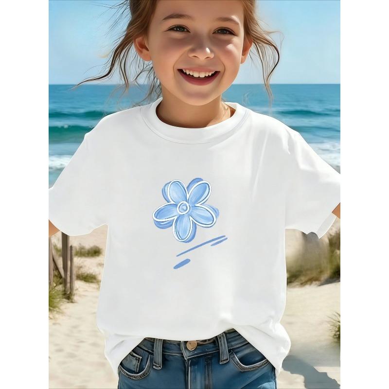 Girls Crew Neck Short Sleeve T-Shirt with Blue Floral Print 110 белый