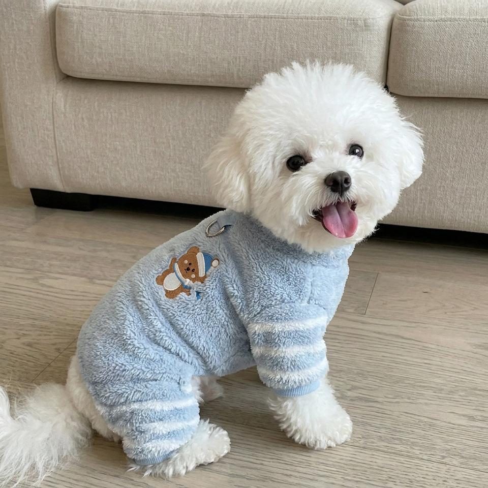 Cartoon Patch Maltese Cotton Coat, Winter Four-Legged Dog Clothes, Striped Warm Jumpsuit for Small & Medium Dogs, Pet Outfit wit