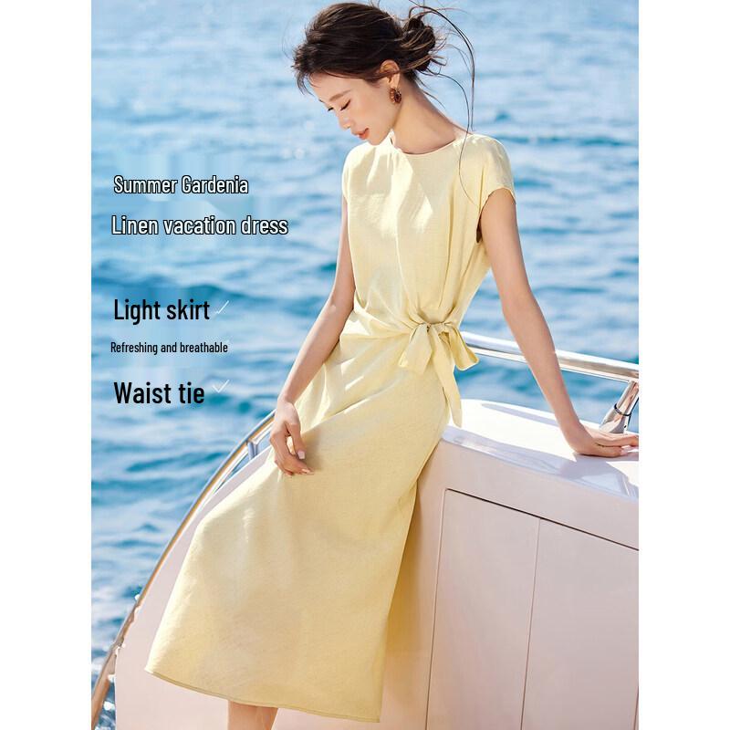 Women s Elegant Tie-Waist Linen Blend Midi Dress M