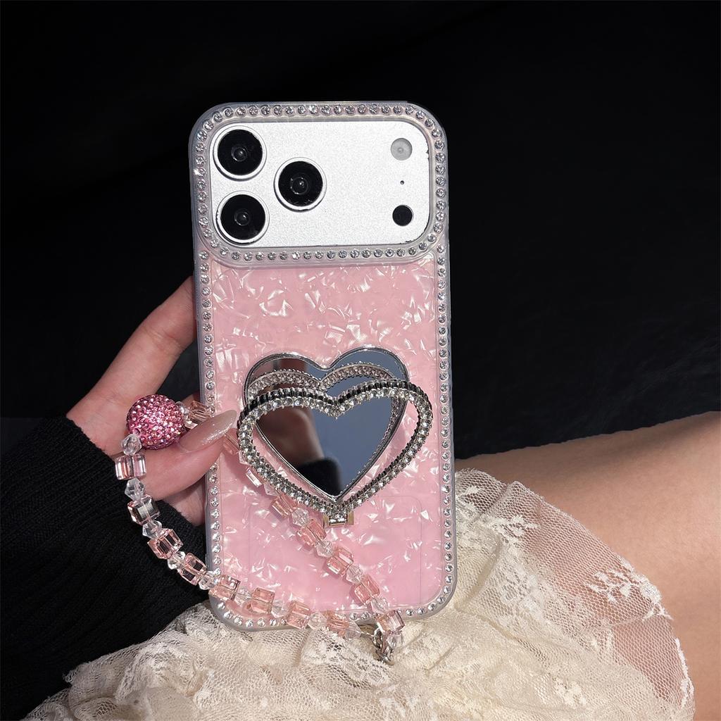 Wrist Strap Love Heart Mirror Diamond Bling Holder Phone Case for IPhone 17 16 15 Plus 14 13 12 11 Pro Max Protective Cover