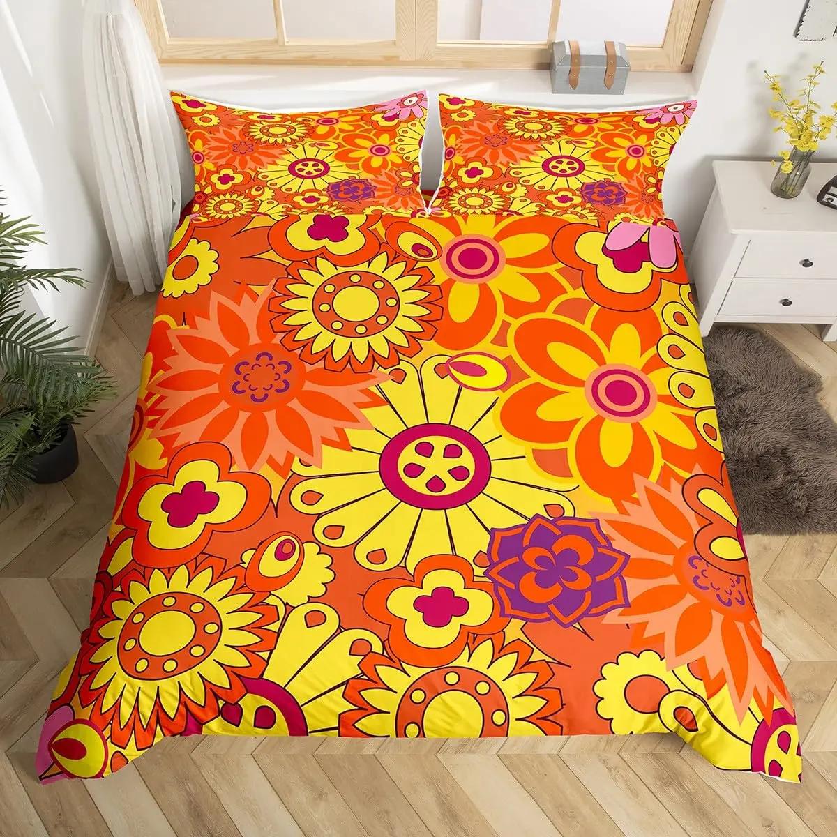 

Groovy Comforter Cover Queen Retro Hippie Flower Bedding Set Aesthetic Psychedelic Floral Duvet Cover Boho Botanical Quilt Cover 180*220cm 3pcs