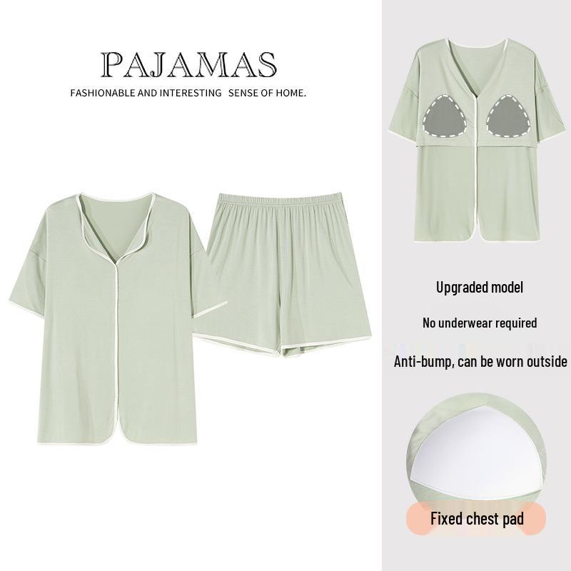 Pijama de Modal Refrigerante para Mujer con Sujetador Incorporado, Manga Corta, Amigable con la Piel, Color Sólido, Adecuado para Usar al Aire Libre
