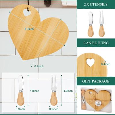 Heart-Shaped Bamboo Cheese Board with Knife & Fork Set - Perfect for Cheese, Cake, and Fruit.