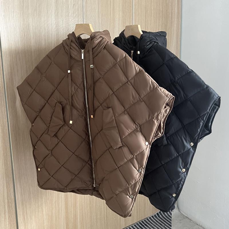 Autumn and Winter European Station Hooded Rhombus White Duck Down Short Loose Large Size Down Vest Vest Women