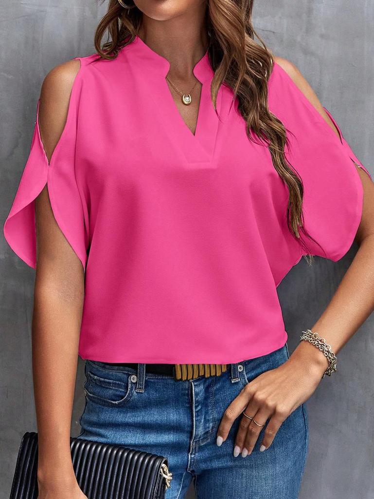 2024 European American Women's Summer Solid V-Neck Off-Shoulder Fashion Top