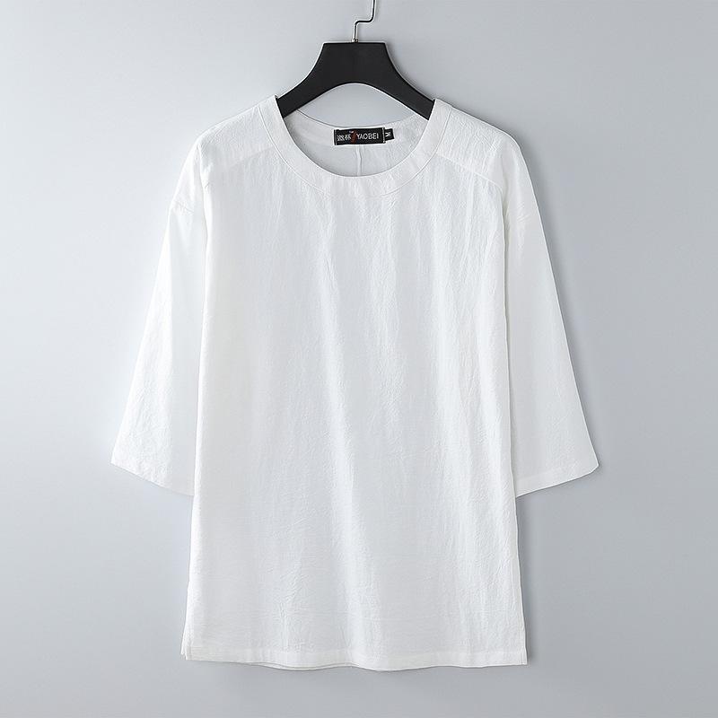 

Футболка с рукавом три четверти в китайском стиле, мужская свободная повседневная одежда в стиле Тан, футболка с короткими рукавами в стиле ханьфу, верхняя часть L белый