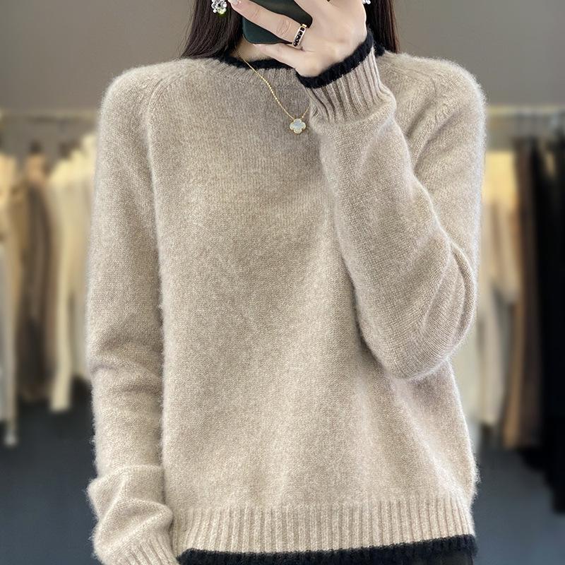 Women's Loose Color Block Cashmere Wool Sweater - Round Neck, Thick, and Stylish for Autumn & Winter