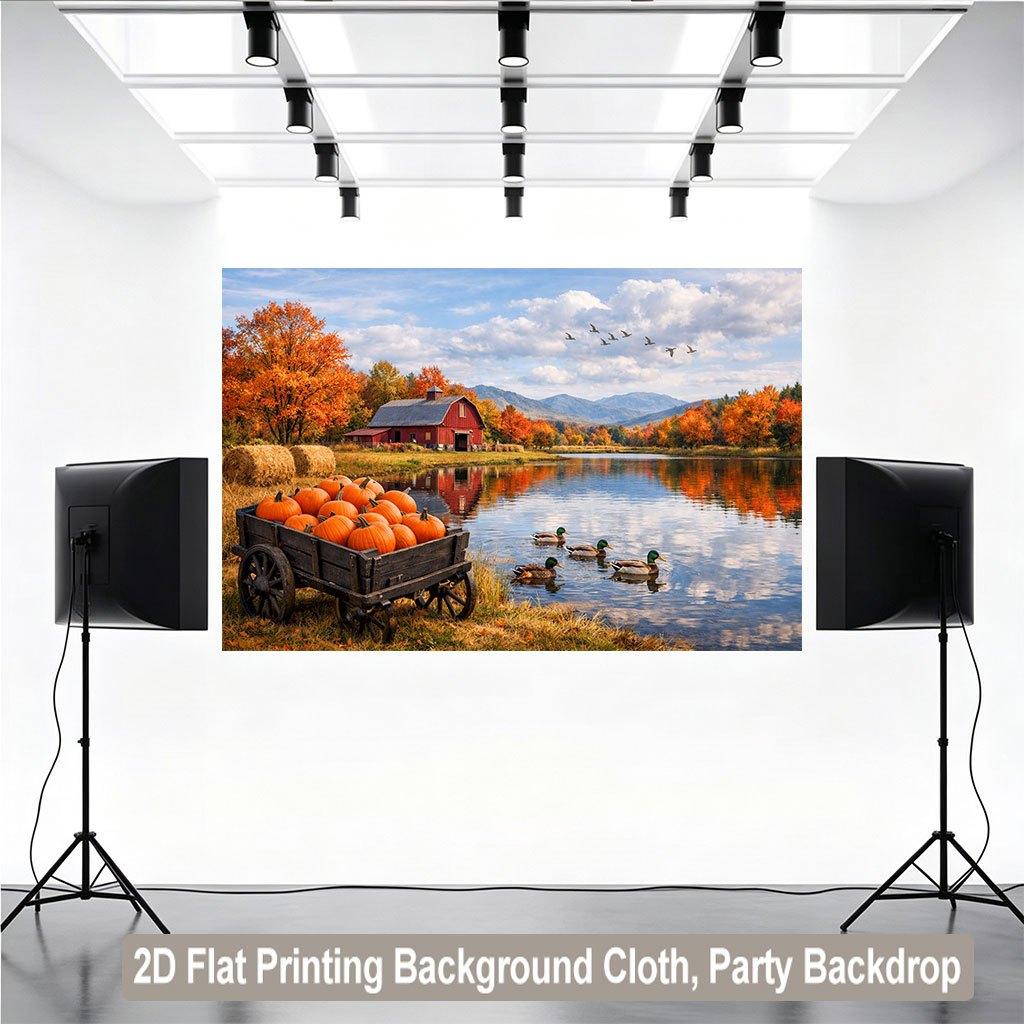 2D flat design 1 piece. Autumn farm scenery background cloth with a beautiful aesthetic appeal suitable for room decoration.