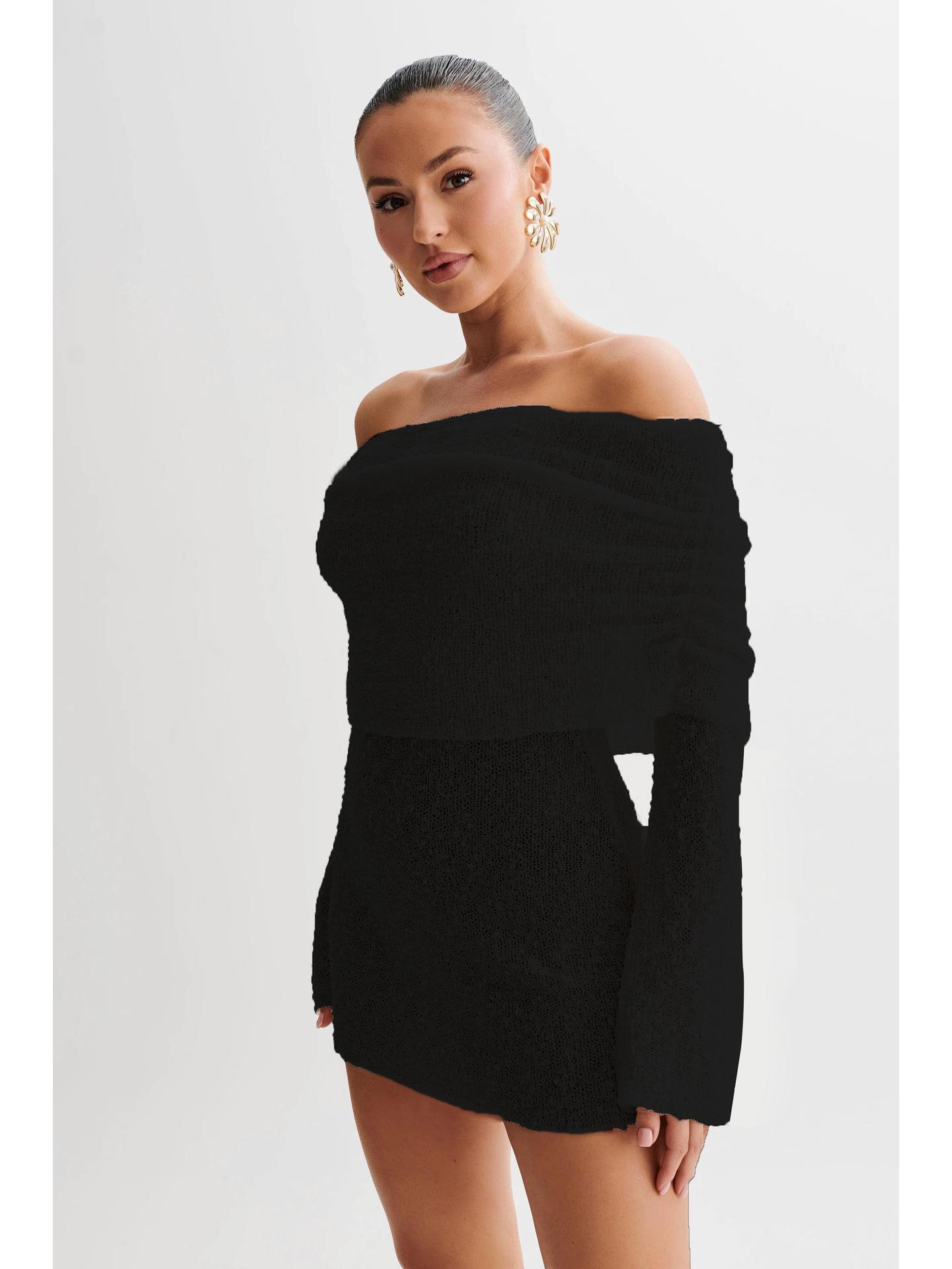 

2025 Женское сексуальное прозрачное вязаное пляжное платье - С длинными рукавами, стиль с открытыми плечами Small чёрный