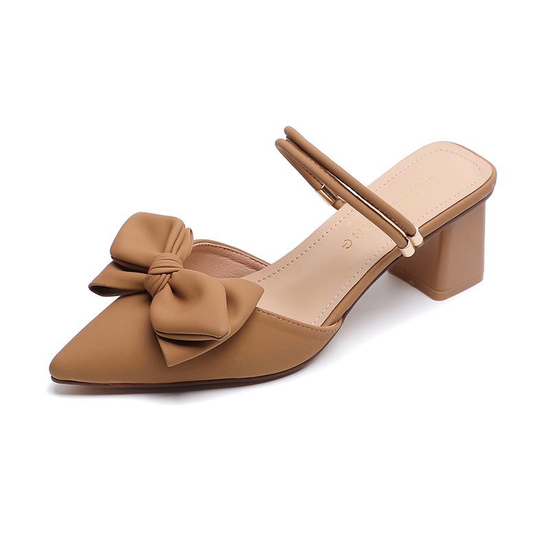 6009-3 Bow-tie cool slippers women's summer 2025 French medium heel high heel two wear bag head half tray