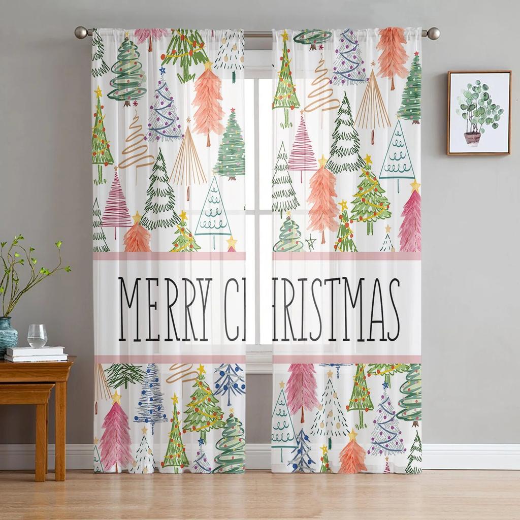 Christmas Christmas Tree Hand Drawn Sheer Curtains For Living Room Bedroom Tulle Curtain For Kitchen Voile Curtain Blind Panels