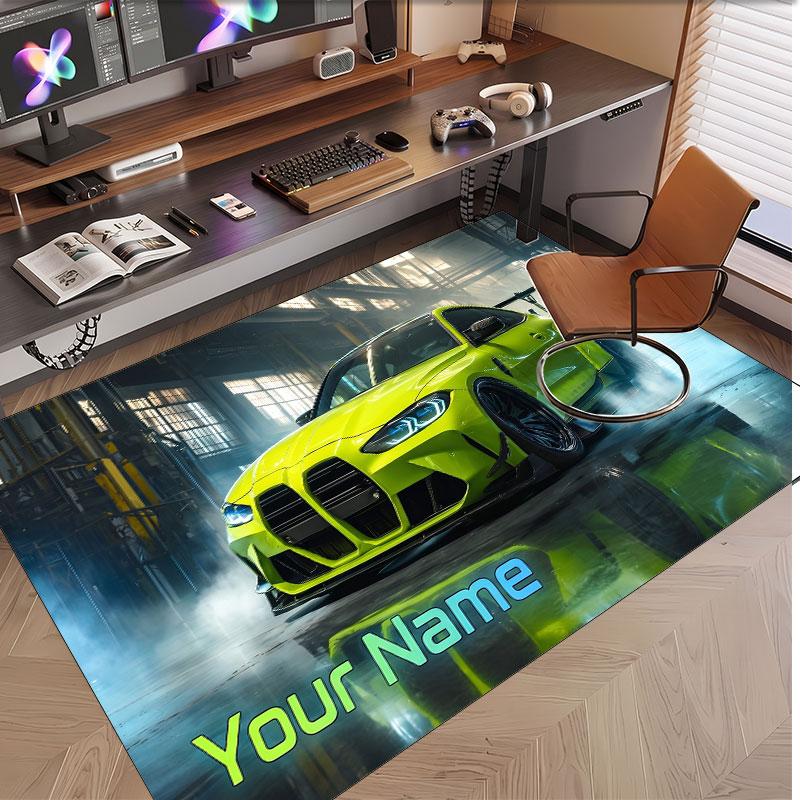 Car Racing Theme Soft Crystal Velvet Rug Custom Name & Text Print Non Slip Floor Rug for Bedroom Living Room