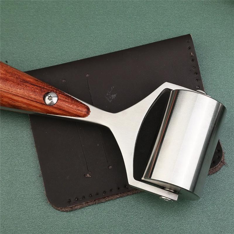 AS60-Pear Wood Handle Leather Roller Glue Edges Laminating Wheel Craft Handmade Smoother Creaser Tool Steel Iron Roll