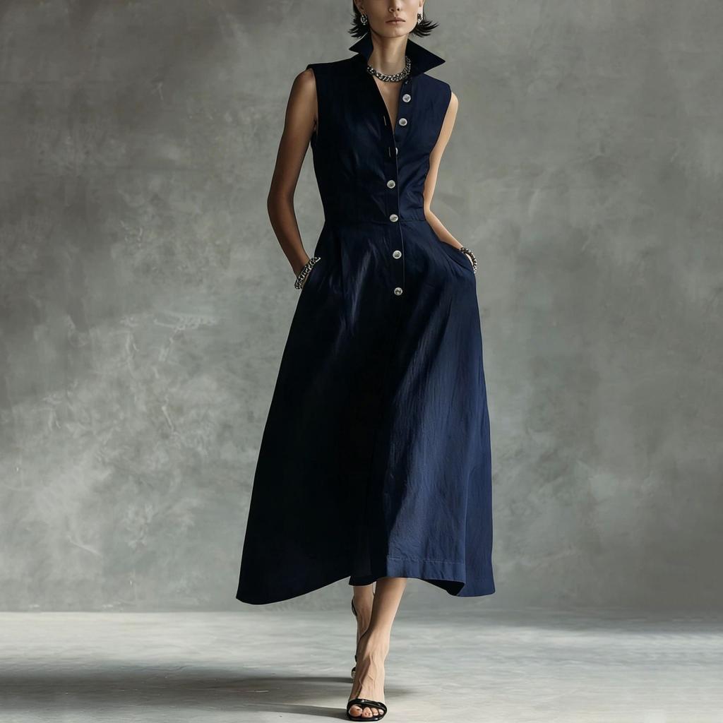 Women's Fashionable Sleeveless Linen Casual Button-Down Dress