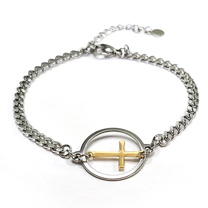 Glory_Arden [Unisex] Surgical Steel Gold Cross & Circle Mix Chain Bracelet / Ghmb-179