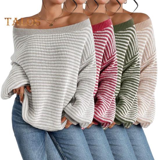 Damen-Pullover, schulterfrei, übergroß, langärmlig, Strickpullover, lockere Passform, gestreifter Druck, weiche, dehnbare Strickoberteile