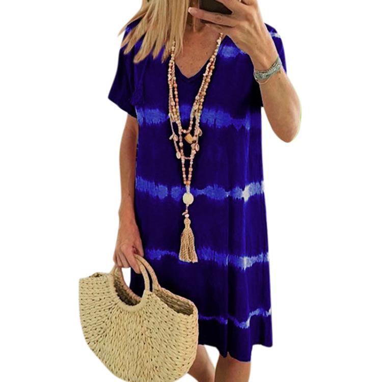 Walmart summer V-neck striped print tie-dye short-sleeved dress for women's European and American style