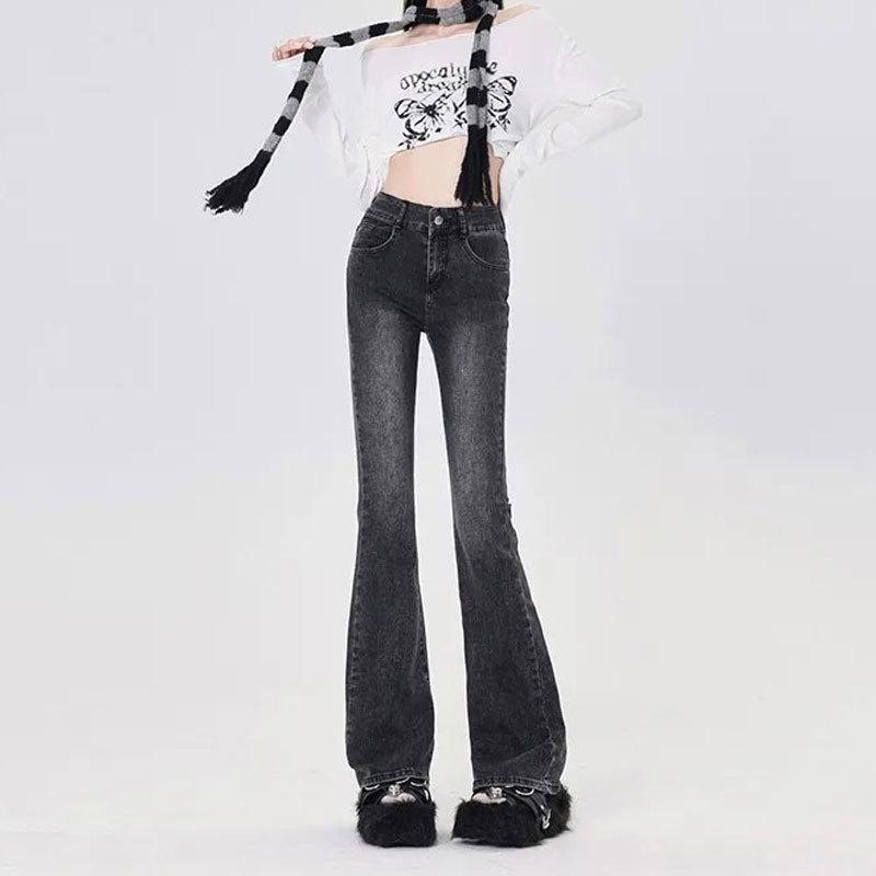High Waist Black Gray Flare Jeans: Women's Slim Fit Korean Style, Stretchy, Floor-Length, Straight Leg, Horseshoe Design.