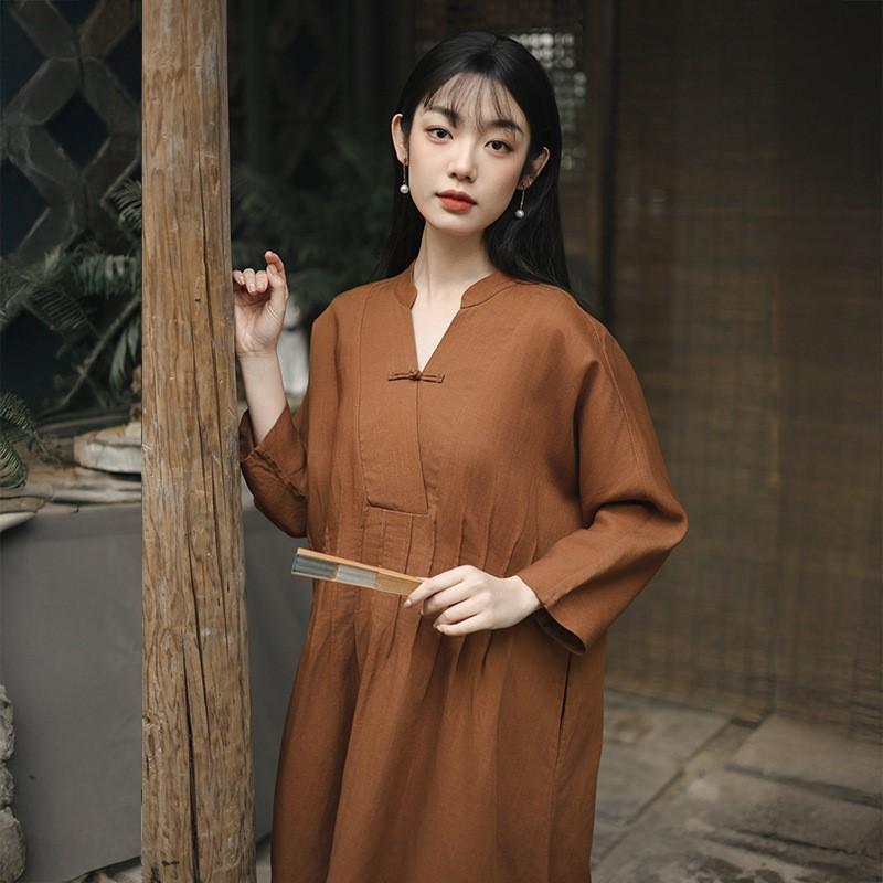 Johnature Women Vintage Dresses Stand Long Sleeve Spring Cloths Solid Color Fold Button A-Line Dresses